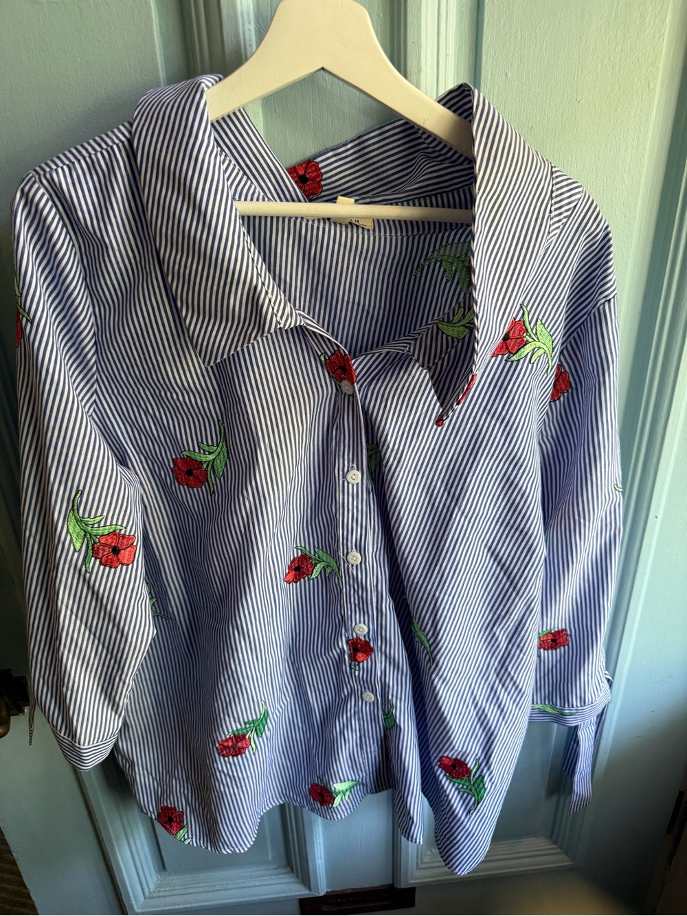 Monteau Blue and White Striped Button-Up with Red Floral Embroidery